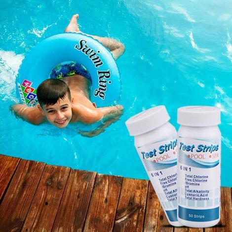 50 bandelettes de test 6 en 1 pour piscine spa, pH, chlore total, alcalinité, acide cyanurique Étiquette (1/5)