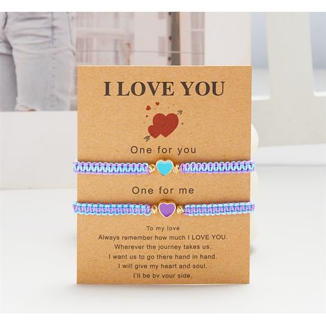 Lot de 2 bracelets cœur « Loved » à boucles perles pour femmes et hommes, bracelet chanceux tissé rouge et noir, bijou amitié avec breloque (1/4)