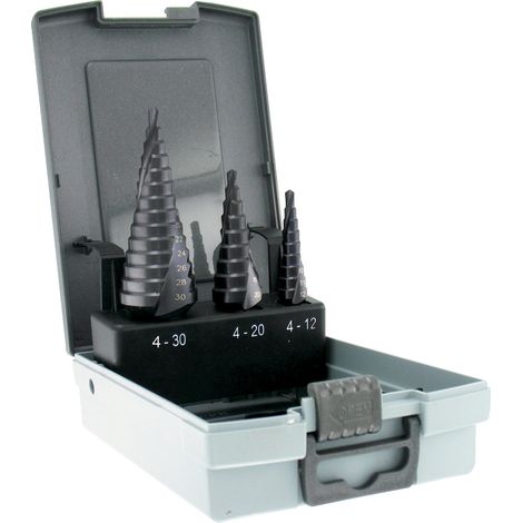 Tivoly • Scatola da 3 punte coniche a gradini HSS autocentranti • Scanalature elicoidali • Da Ø4mm a Ø12mm / da Ø4mm a Ø20mm / da Ø4mm a Ø30mm • Lunga durata • 3 steli piatti • Per la lavorazione di a