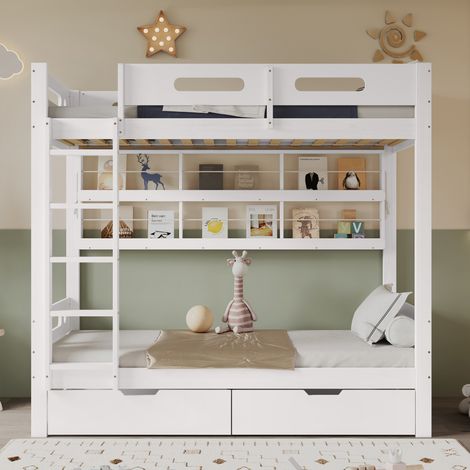 Lit superposé enfant barrière sécurité 2 tiroirs roulettes étagère échelle 5 marches rangements pin MDF blanc 90x200 cm