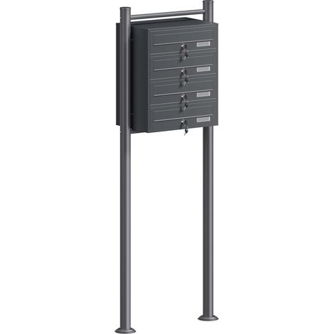 Wiltec 4er Briefkastenanlage Anthrazit 556 x 270 x 1500 mm, Standbriefkasten mit 4 Fächern, Schlüssel und Namensschild, Briefkasten Postkasten mit Ständer (1/5)