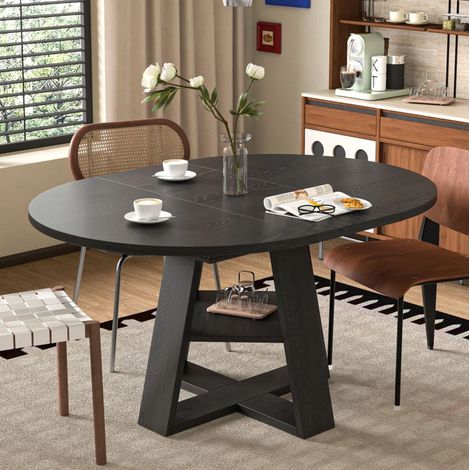 Table à manger extensible ronde en MDF noir, 110 cm puis 150 x 110 cm, pour 4 à 6 personnes, avec rallonge intégrée, rangement sous plateau – CHICFURN (1/5)