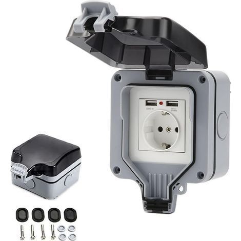 Prise Étanche IP66 avec Connexions USB Prise Électrique Extérieure avec Couvercle Boîtier de Prise Murale pour Jardin Garage Piscine (1/5)
