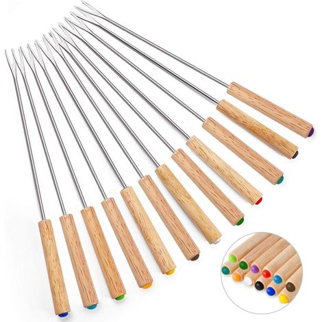 Ensemble de 12 fourchettes à fondue en acier inoxydable, bâtonnets à fondue au fromage de 9,5 pouces avec manche en bois, fondue au fromage, guimauve rôtie, fruits (1/5)
