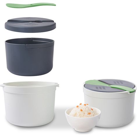 Cuiseur à riz micro-ondes 2L en polypropylène alimentaire, cuillère à riz, couvercle, passoire, cuiseur vapeur, vert (1/5)