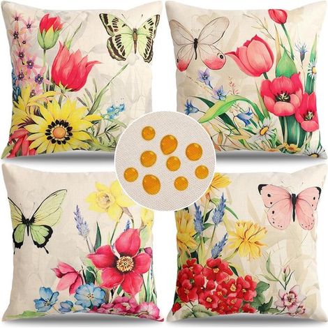 Fodere per cuscini da esterno,45 x 45 cm,set da 4,con fiori e farfalle,fodere per cuscini stampate,fodere decorative per cuscini per patio (1/5)