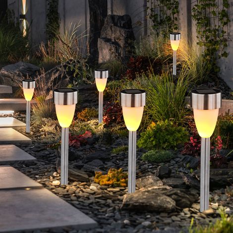 Lampade plug-in, luce solare, lampione da giardino, lampione, patio, batteria IP44, picchetto da terra, effetto fuoco, acciaio inox, bianco e nero satinato, LED bianco caldo, DxH 5,5x36,5 cm, set da 6