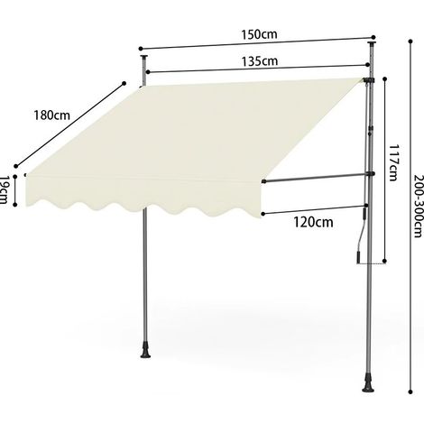 Manual awning – 150×120 cm – White – Retractable – Adjustable height/tilt – No drilling required – Terrace/balcony/garden (1/3)