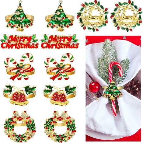 Lot de 12 ronds de serviette de Noël, ronds de serviette de Noël dorés (1/5)