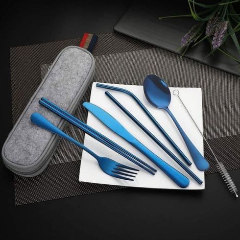 Couverts - Ensemble 8 Pièces En Acier Inoxydable Alimentaire - Pour Voyage Camping Pique-Nique Bureau - Bleu (1/4)