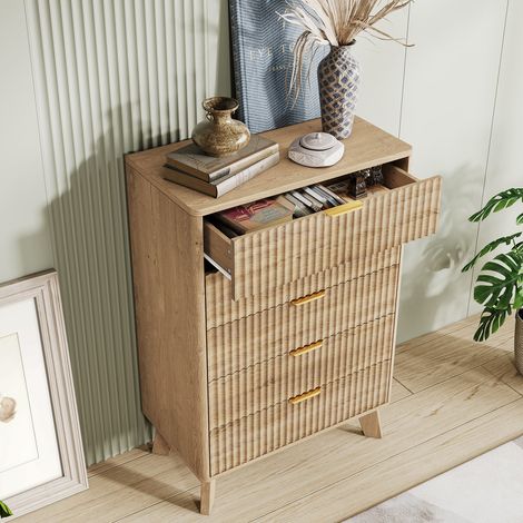 Commode à 5 tiroirs design cannelé, pieds en bois massif, rangement spacieux, sécurisée anti-basculement, pour salon, chambre, entree, bois clair,73x40x108 cm Nature (1/5)