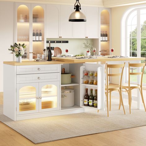 Mesa de isla extensible de 120-194 cm con tablero giratorio de 360°, mesa de cocina con almacenamiento, MDF blanco (1/5)