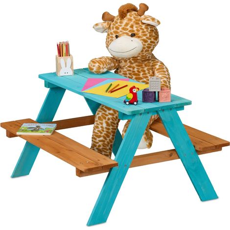 Table de Pique-Nique, pour 4 Enfants, en Bois de pin, H x L x P : 51 x 90 x 78 cm, Jardin, Bleu et Marron (1/5)
