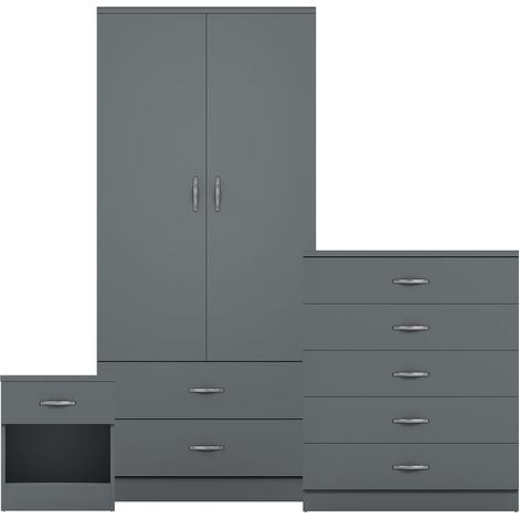 Riano 3 Piece Bedroom Set (1 Drw Bedside Chest, 5 Drw Chest, 2 Door 2 Drw Wardrobe), Grey (1/3)