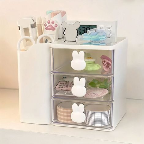 1 boîte de rangement de tiroirs à 3 niveaux avec porte-stylo - Organisateur de bureau multifonctionnel, poignée en forme de lapin mignon, accessoire de bureau, décoration de table de travail, blanc (1/5)