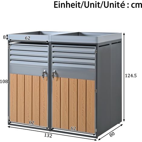 Abri poubelle en bois avec portes verrouillables, ventilation à persiennes, rangement pour bacs à déchets, double compartiment, surface pour plantes, extérieur jardin. (1/5)