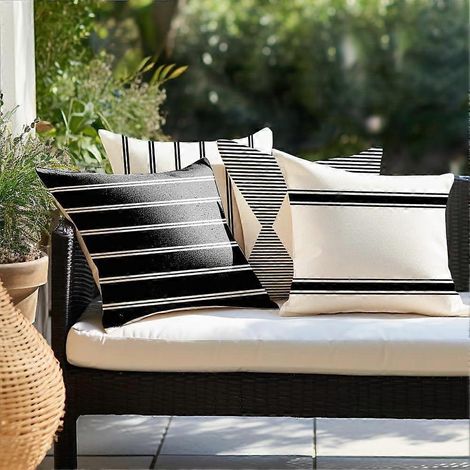 Coussins d'extérieur EternaNest imperméables - Noir et blanc - Housses de coussin bohèmes 45 x 45 cm, lot de 4, motif géométrique moderne (1-18), noir et blanc (1/4)