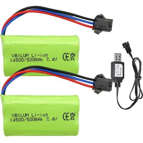7,4 V 500 mAh 3,7 Wh SM-3P Lithium-Ionen-Akku mit USB-Ladekabel für MN82 Rock Crawler LC79 1/12 RC Truck 1/16 RC Drift Car Fernbedienungsauto-Akku (2 Stück) (1/5)