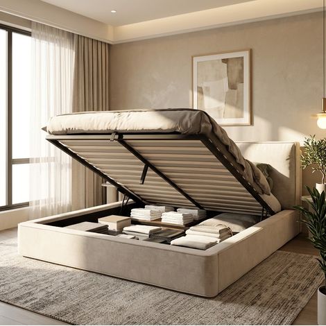Lit coffre 180x200 cm avec rangement et tête de lit rembourrée, en tissu, beige, sans matelas (1/5)