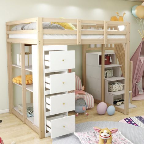 Cama alta 253x146.5x168 cm con 4 cajones grandes, estantería de 3 niveles, madera, natural y blanco (1/5)