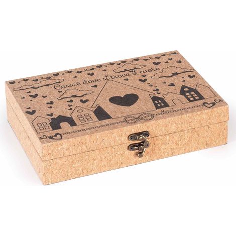 Scatole in legno effetto sughero con gancio e decorazioni famiglia, set da 4 pezzi, cm 24 x 17 x 5,5 H