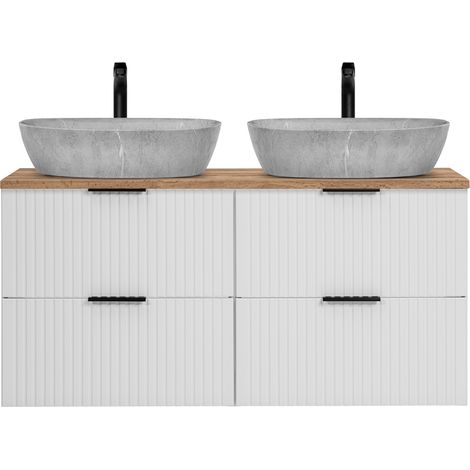 Waschtisch 120cm mit 2 Aufsatzbecken in Betonoptik, weiß mit Eiche Nb., Front gerillt, ADELAIDE-56-WHITE (1/5)
