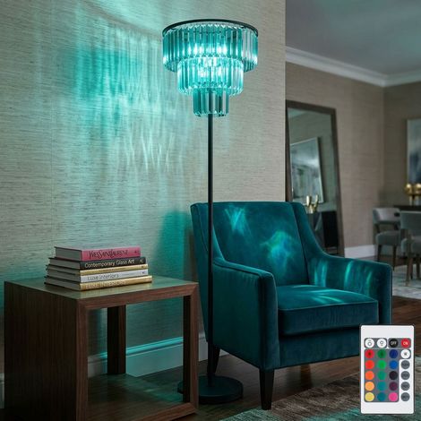 LED Stehlampe dimmbar mit Fernbedienung Glaskristalle Wohnzimmerlampe Standleuchte 3 flammig, RGB Farbwechsel, Kristalle rauch klar, 3x 8,5W 3x 806lm warmweiß, DxH 40x180 cm (1/5)