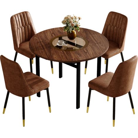 Table de salle à manger ronde 5 pièces design moderne minimaliste avec 4 chaises en tissu brun, plateau effet bois et verre, Ø100 cm, pour cuisine et salon CHICFURN (1/5)