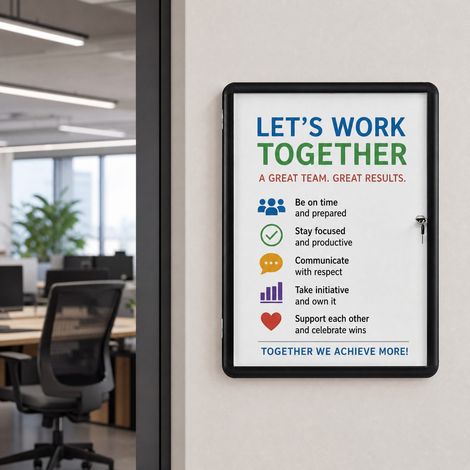 Vitrine d'affichage noire en aluminium avec fond magnétique inscriptible, façade PET et serrure pour écoles bureaux et halls (1/5)