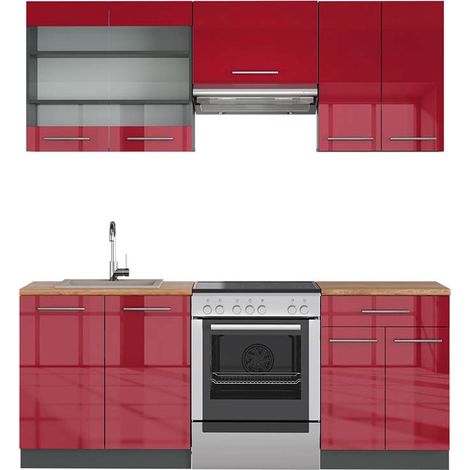 Cuisine Fame-Line, Bordeaux haute brillance/anthracite, 200 cm , PT Chêne, Vicco