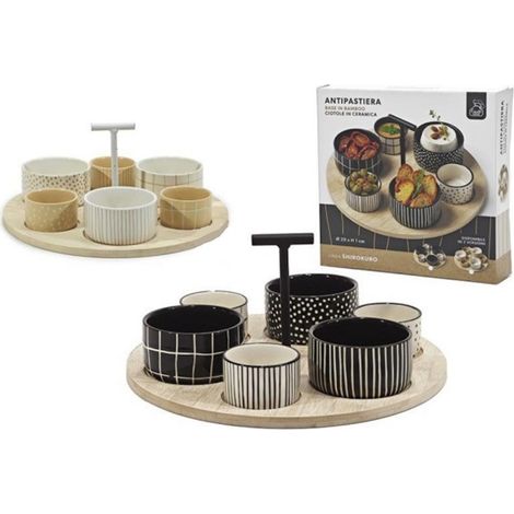 Trade Shop - Appete Conjunto Con 6 Tazones En Bandeja De Base En Bambú ⌀29cm Para Aperitivos De Bocadillos -