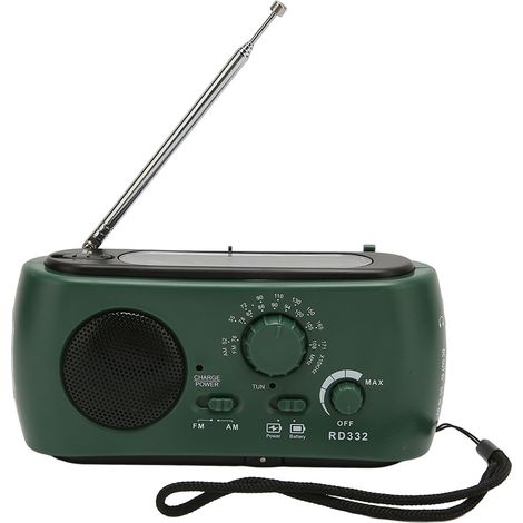Radio solaire à manivelle multifonction rechargeable avec lampe torche intégrée, idéale pour le camping et la randonnée (verte). (1/5)