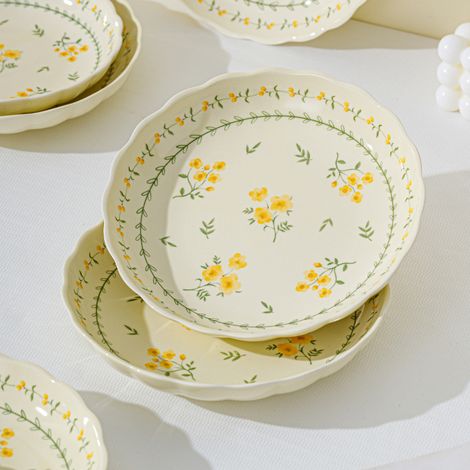 Deux assiettes rondes - Vaisselle à motif floral - Compatible micro-ondes - Compatible lave-vaisselle - Vaisselle pour anniversaire et mariage - Céramique - Jaune (1/5)