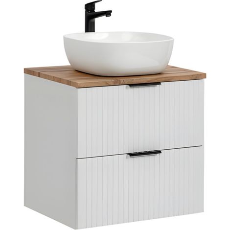 Badezimmer-Set NOXERA 60 cm – Mattweiß und Wotan-Eiche mit Aufsatzwaschbecken