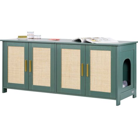 Meuble Bac à Litière Chat Armoire Cache Maison de Toilette Chat Intérieur, avec 4 Portes Rotin et 2 Entrées, Niche Cache-litière Bois, pour la Plupart Bacs à Litière Chats, 120x45x50 cm, Vert (1/5)