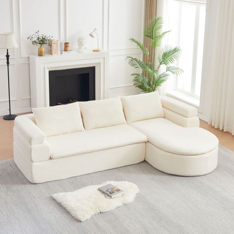 DESMIU Canapé d'angle 3 places avec méridienne et dossiers rembourrés en Chenille Beige (1/5)
