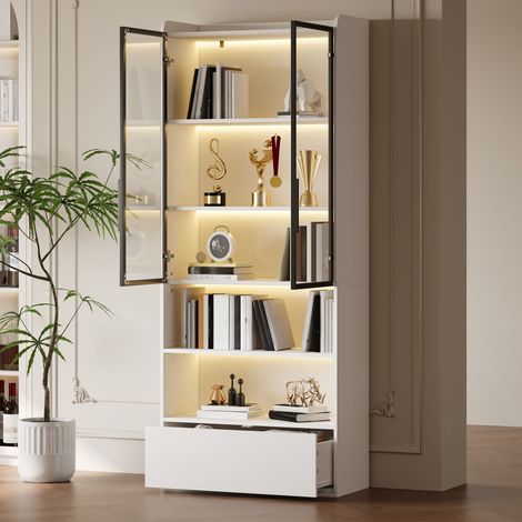 Vitrine 80 x 34 x 180 cm, armoire haute avec 1 tiroir et portes vitrées, vitrine haute en verre avec éclairage LED et compartiment ouvert,blanc