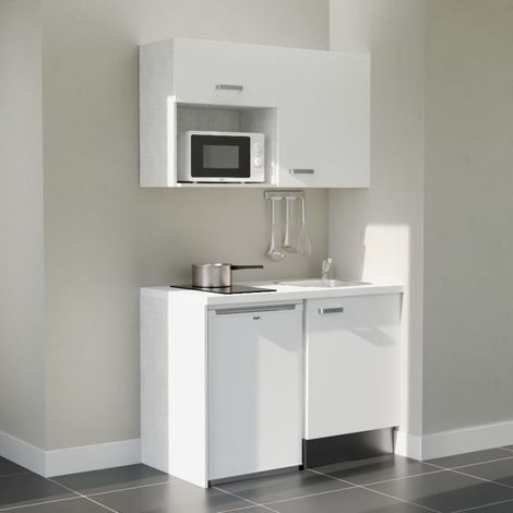 Kitchenette K07L-PT - 120 cm - plan stratifié, évier inox, - Façade Blanc - Plan Blanc - Crédences Non + Electroménager inclus coloris Blanc