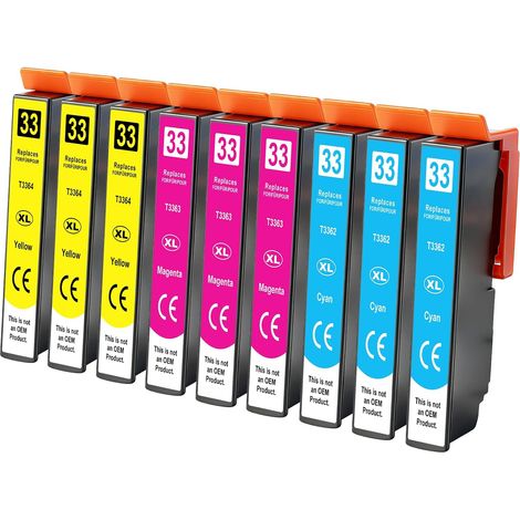 9X Cartouches d'encre Compatibles avec 33XL Cyan Magenta Jaune (1/5)