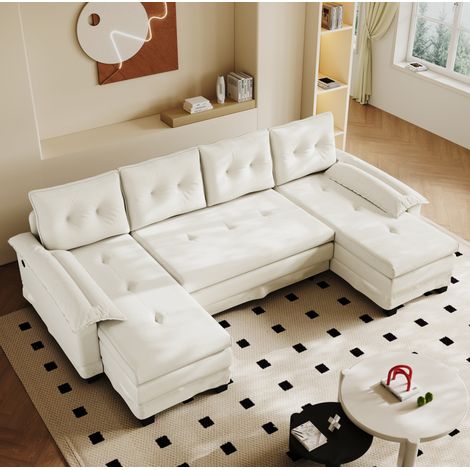 Canapé d'angle modulaire avec ports USB, accoudoirs amovibles et 4 coussins, beige, 278x127x87 cm (1/5)