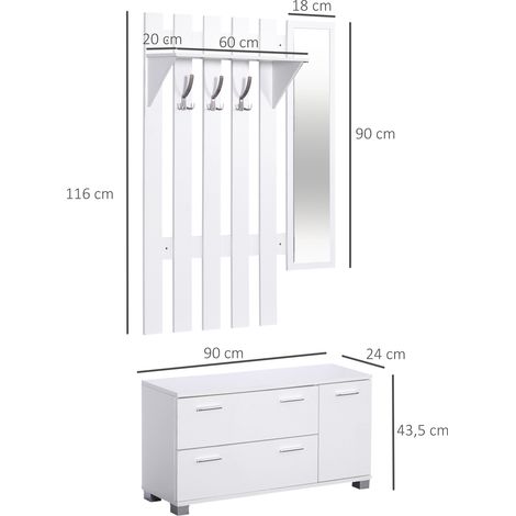 Flur- und Eingangsbereich-Set mit Spiegel, Garderobenständer, Schuhregal, 3 Haken, Ablage und 2 Schubladen, Weiß