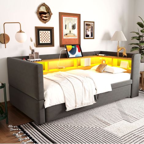 Bett Schlafsofa modern 90/180x190 cm mit LED, Steckdosen und Ablagefächern, Flanell Dunkelgrau (1/5)