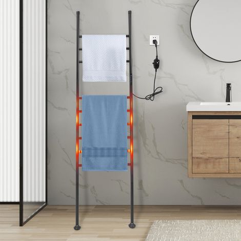 Sèche-serviettes électrique sur pied de 150 W, avec minuterie 1 à 24 heures, 45-70 °C, sèche-serviettes de salle de bain de type radiateur, sèche-serviettes vertical (noir) (1/5)