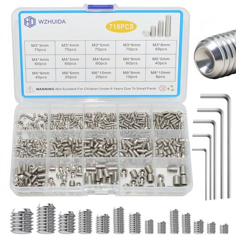 Lot de 718 vis sans tête hexagonales M3 M4 M5 M6 M8 en acier inoxydable avec clé pour poignée de porte, robinet (1/5)