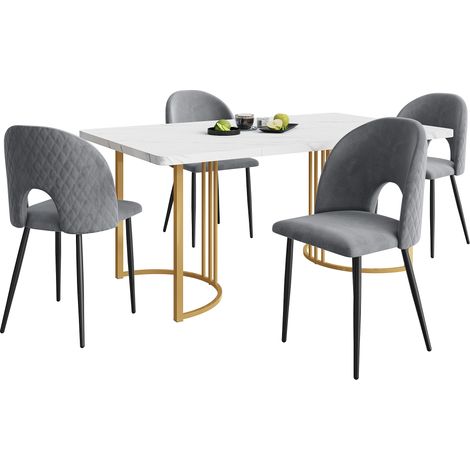 Ensemble repas 1 table à manger 140 x 80 cm et 4 chaises en velours gris, style moderne effet marbre, pieds réglables, CHICFURN (1/5)