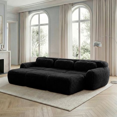 Canapé, en tissu, 3 places, noir, pour salon, tissu doux et moelleux, assise confortable, format pratique, style moderne et facile à associer