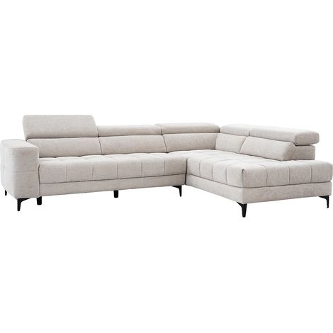 Vente-Unique – Canapé d'angle droit relax 5 places – Assise coulissante électrique – Tissu beige – Dossier avance-recule – Structure bois et métal (1/5)