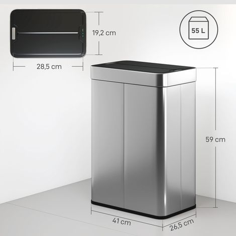 Poubelle à capteur, capacité de 55 L, couvercle papillon à ouverture automatique, acier inoxydable, argent (1/5)