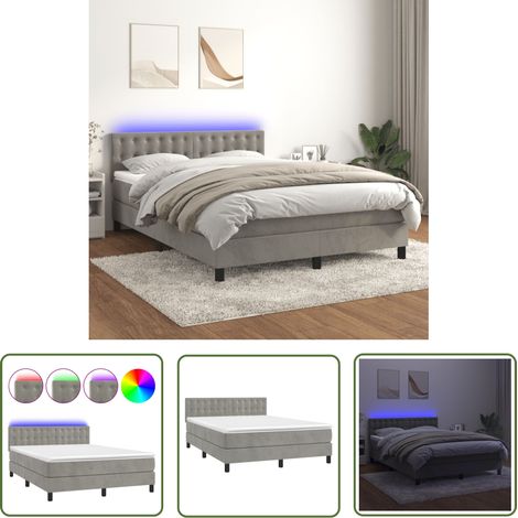 The Living Store Sommier à lattes de lit avec matelas LED Gris clair 140x200 cm - Sommier Tapissier - Lit Plateforme - Lit Velours - Lit Avec Éclairage LED - Matelas À Ressorts Ensachés (1/5)