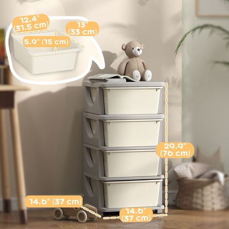 Organisateur de jouets à 4 niveaux avec 4 tiroirs en plastique blanc crème pour chambre d'enfant, salon ou chambre de bébé (1/5)